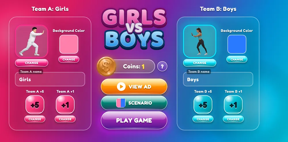 Girls vs Boys Tapping — team customization screen